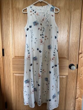Sleeveless Floral Maxi Dress in Cream with Blue & Coral Flowers